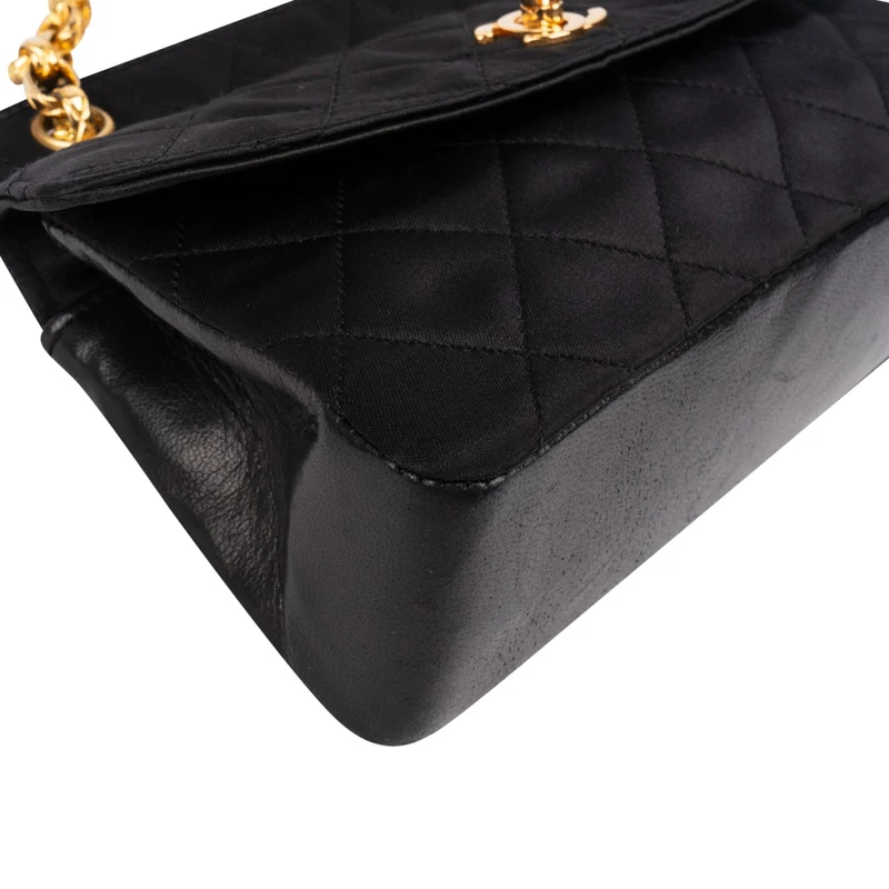 Chanel Navy Quilted Satin Top Bar 24K Gold Single Flap Small Crossbody Bag