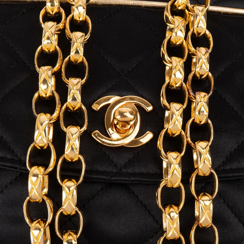 Chanel Navy Quilted Satin Top Bar 24K Gold Single Flap Small Crossbody Bag