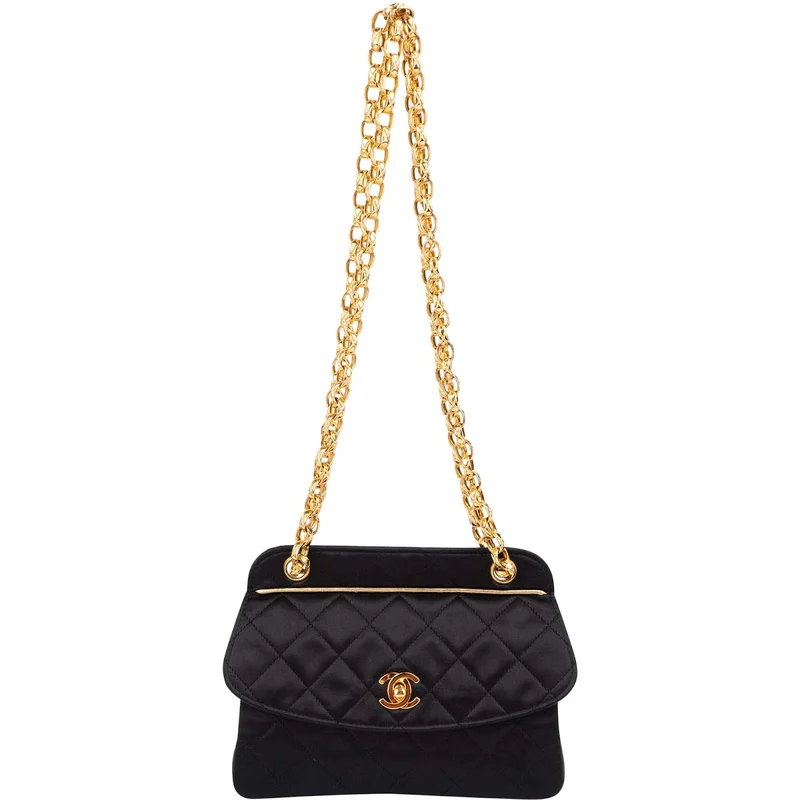 Chanel Navy Quilted Satin Top Bar 24K Gold Single Flap Small Crossbody Bag