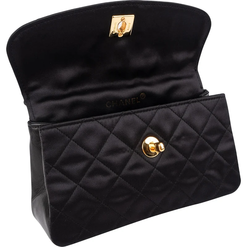 Chanel Navy Quilted Satin Top Bar 24K Gold Single Flap Small Crossbody Bag