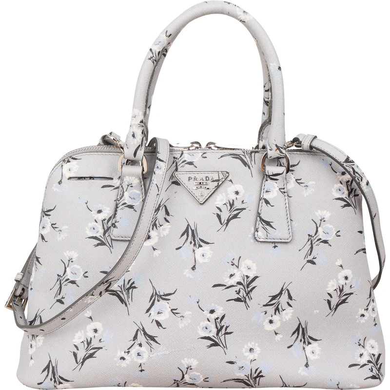 Prada Grey Saffiano Leather Floral Promenade Handbag