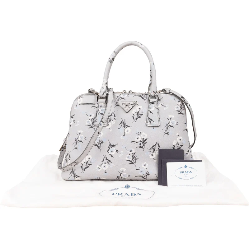 Prada Grey Saffiano Leather Floral Promenade Handbag