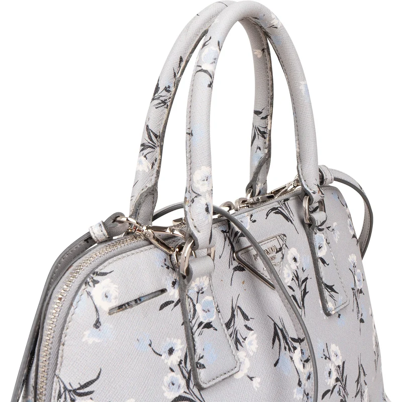 Prada Grey Saffiano Leather Floral Promenade Handbag