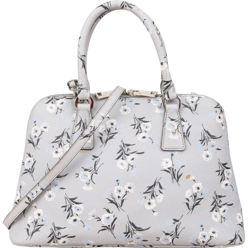 Prada Grey Saffiano Leather Floral Promenade Handbag