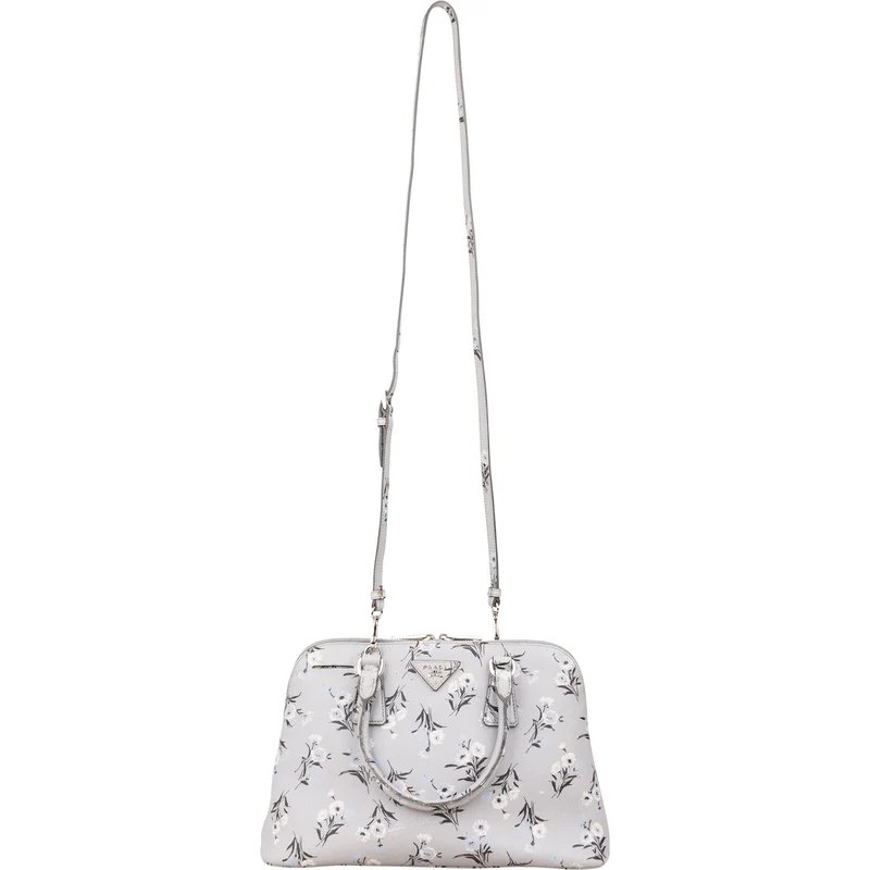Prada Grey Saffiano Leather Floral Promenade Handbag