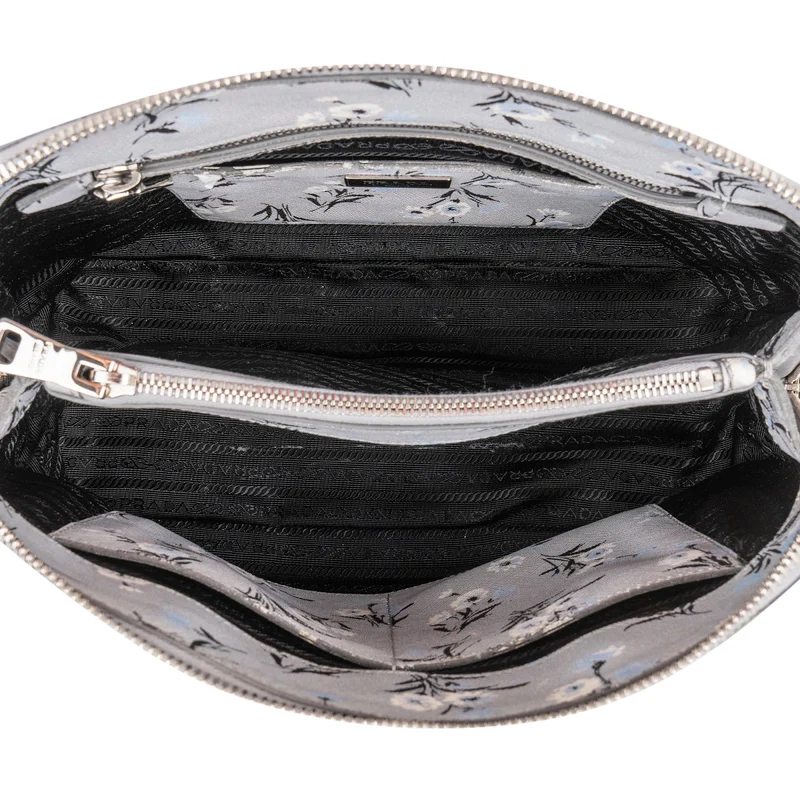 Prada Grey Saffiano Leather Floral Promenade Handbag