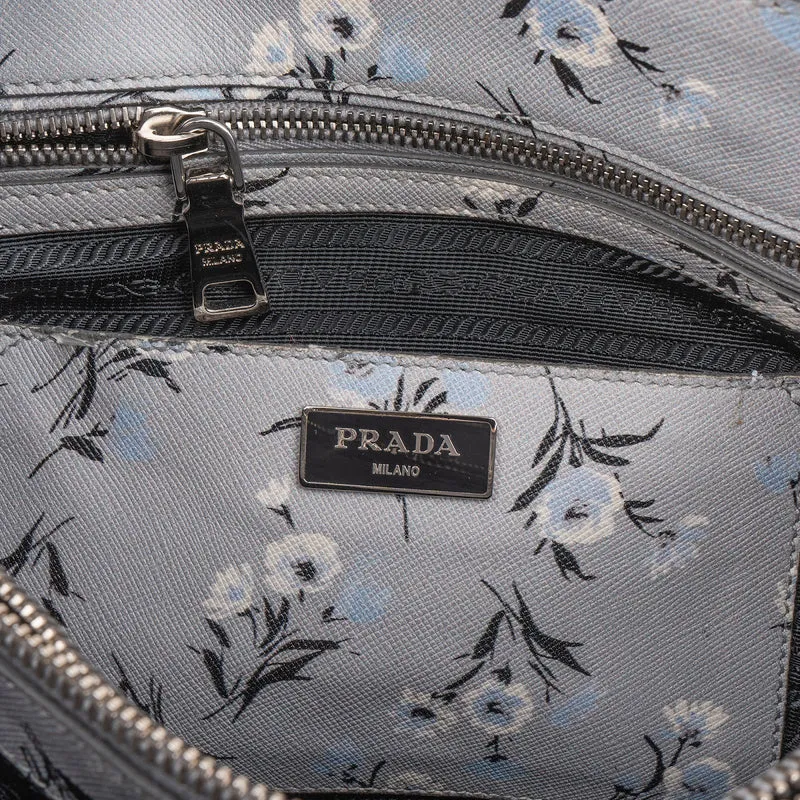 Prada Grey Saffiano Leather Floral Promenade Handbag