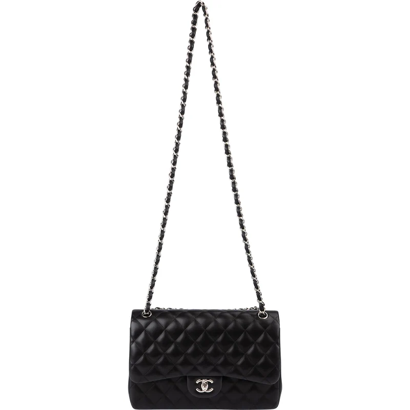 Chanel Quilted Lambskin Palladium Jumbo Double Flap Crossbody Bag