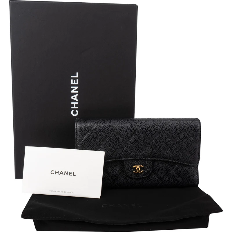 Chanel Quilted Caviar Leather CC Classic Long Double Flap Wallet