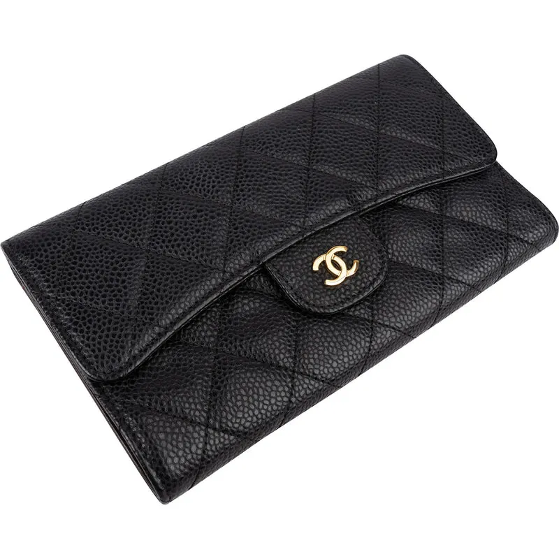 Chanel Quilted Caviar Leather CC Classic Long Double Flap Wallet