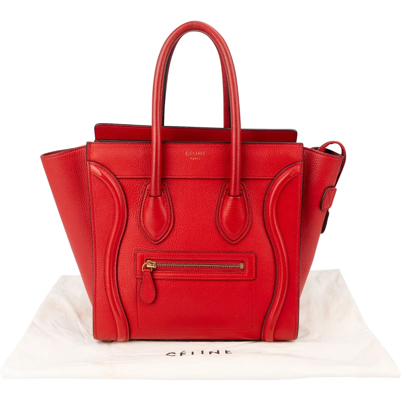 Celine Red Drummed Calfskin Leather Luggage Handbag