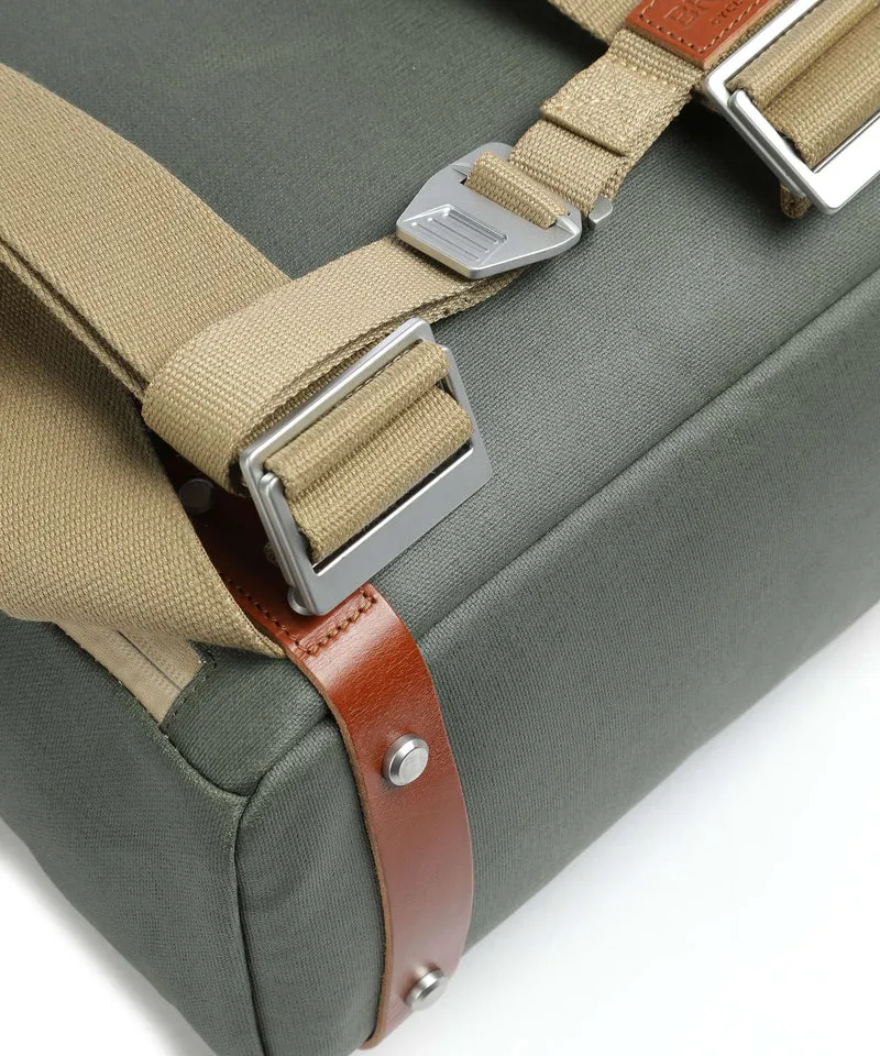 Brooks England Pickwick Cotton Canvas Large Rolltop Rucksack sage green/honey details